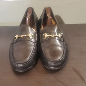 Cole Haan Dark Black Leather Loafers with Gold Detail